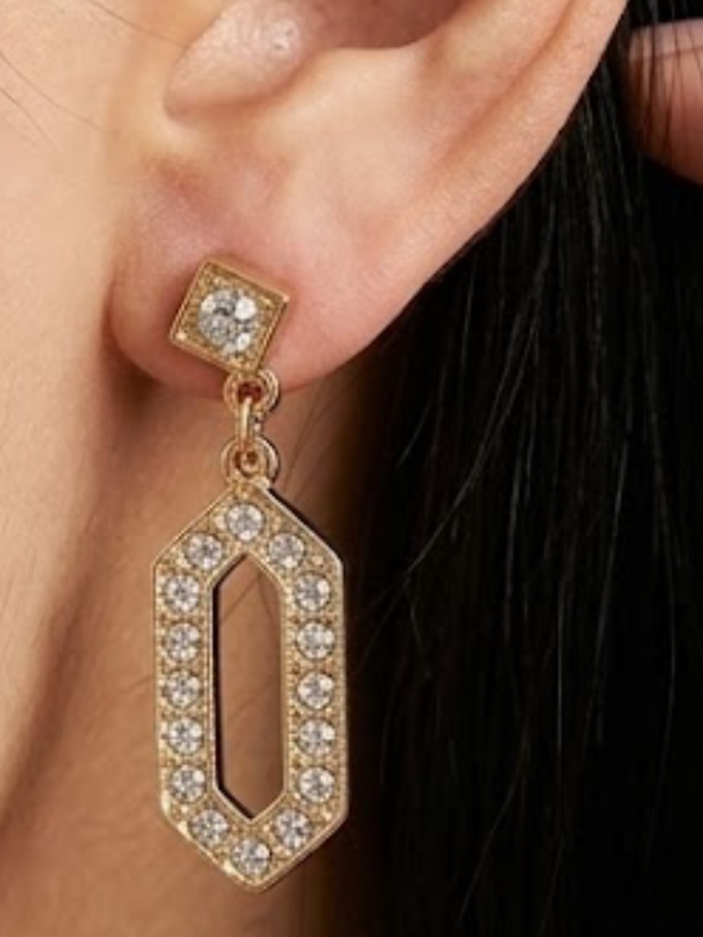 Vintage 80s Geometric Rhinestone Gold Drop Earrings Pierced Statement NWOT Boho